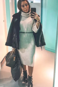 Rebellious Fashion Beige Knitted Roll Neck Jumper Dress - Cecily