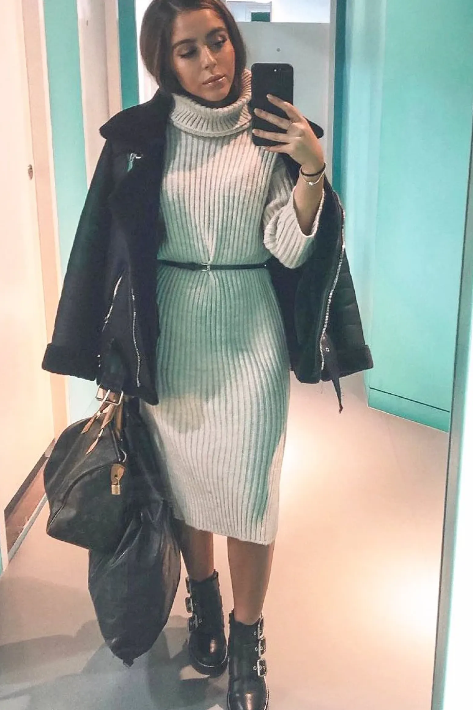 Rebellious Fashion Beige Knitted Roll Neck Jumper Dress - Cecily