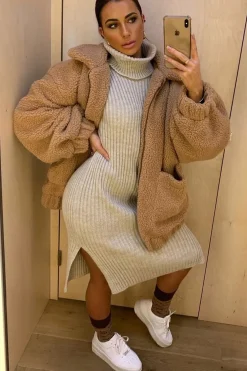 Rebellious Fashion Beige Knitted Roll Neck Jumper Dress - Cecily
