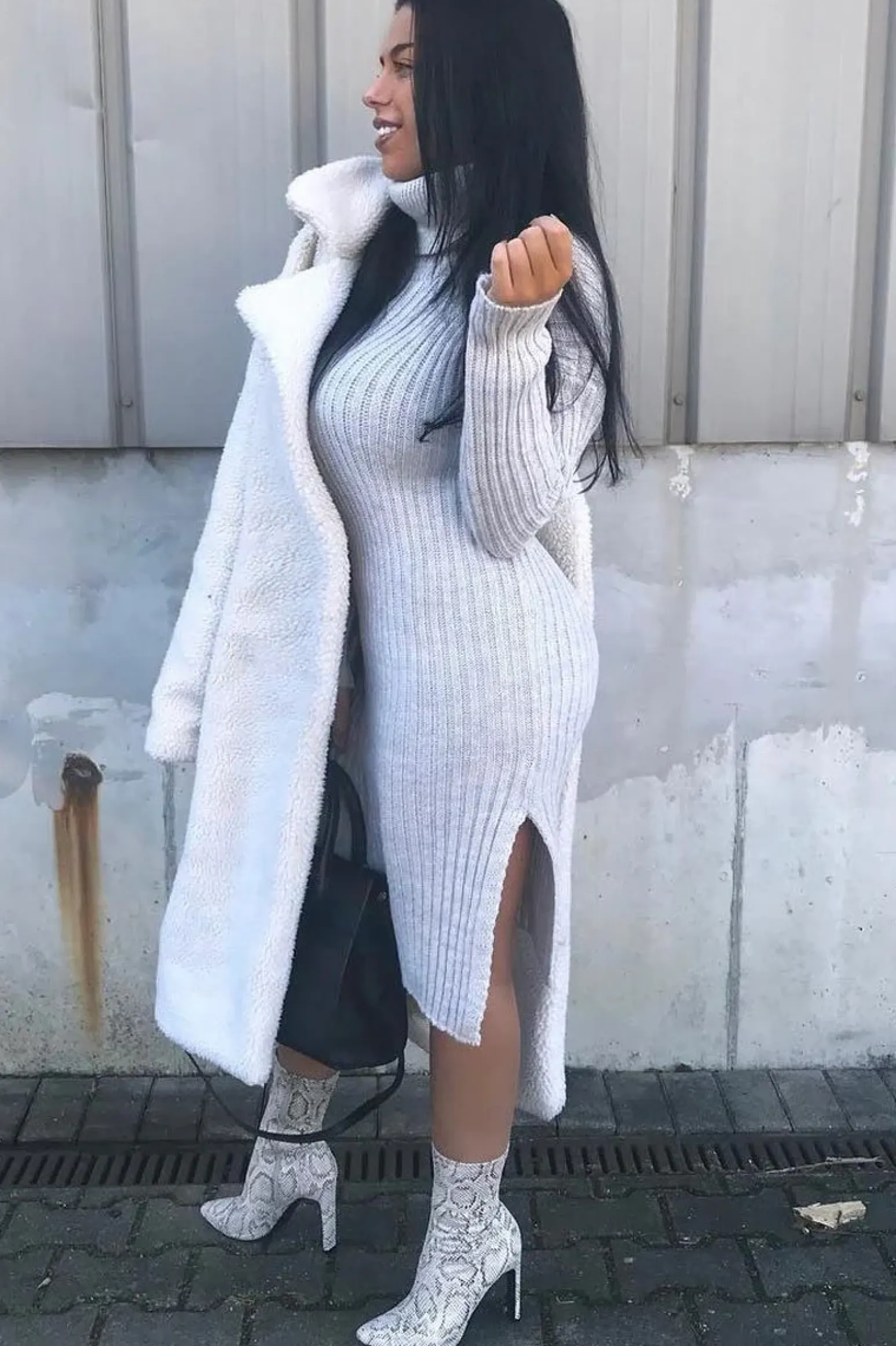 Rebellious Fashion Beige Knitted Roll Neck Jumper Dress - Cecily