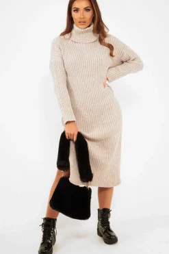 Rebellious Fashion Beige Knitted Roll Neck Jumper Dress - Cecily