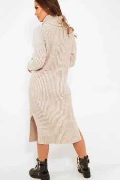 Rebellious Fashion Beige Knitted Roll Neck Jumper Dress - Cecily