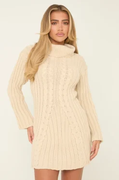 Rebellious Fashion Beige Knitted Roll Neck Mini Jumper Dress - Daisy