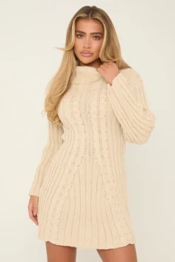 Rebellious Fashion Beige Knitted Roll Neck Mini Jumper Dress - Daisy
