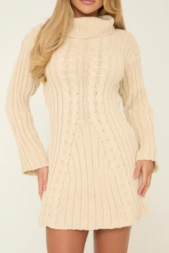 Rebellious Fashion Beige Knitted Roll Neck Mini Jumper Dress - Daisy