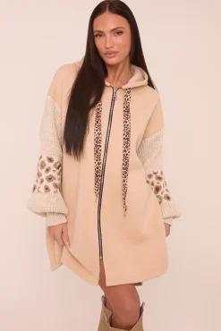 Rebellious Fashion Beige Leopard Print Zip Front Oversized Jumper Dress - Hallie