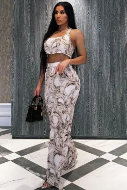 Rebellious Fashion Beige Marble Halter Crop Trouser Co-ord - Delta
