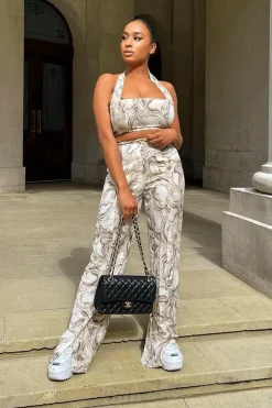 Rebellious Fashion Beige Marble Halter Crop Trouser Co-ord - Delta