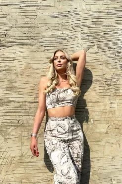 Rebellious Fashion Beige Marble Halter Crop Trouser Co-ord - Delta