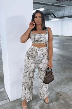 Rebellious Fashion Beige Marble Halter Crop Trouser Co-ord - Delta