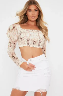 Rebellious Fashion Beige Marble Print Ruched Crop Top - Tina