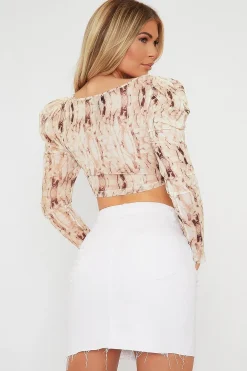 Rebellious Fashion Beige Marble Print Ruched Crop Top - Tina