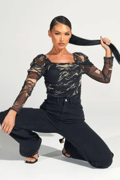 Rebellious Fashion Beige Marble Puff Sleeve Bodysuit - Deana