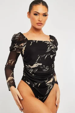 Rebellious Fashion Beige Marble Puff Sleeve Bodysuit - Deana