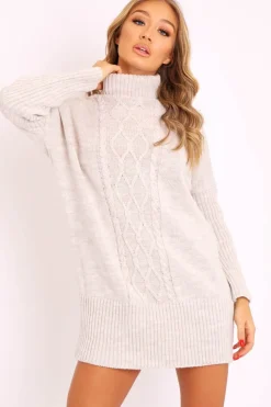 Rebellious Fashion Beige Oversized Knitted Turtle Neck Jumper Dress - Freyah