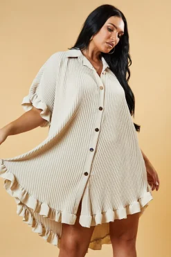 Rebellious Fashion Beige Pleat Detail Frill Sleeve Oversized Dress - Sana
