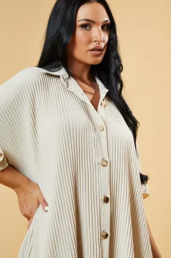 Rebellious Fashion Beige Pleat Detail Frill Sleeve Oversized Dress - Sana