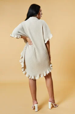 Rebellious Fashion Beige Pleat Detail Frill Sleeve Oversized Dress - Sana