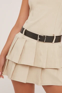 Rebellious Fashion Beige Pleated Belt Detail Mini Dress - Bobbie