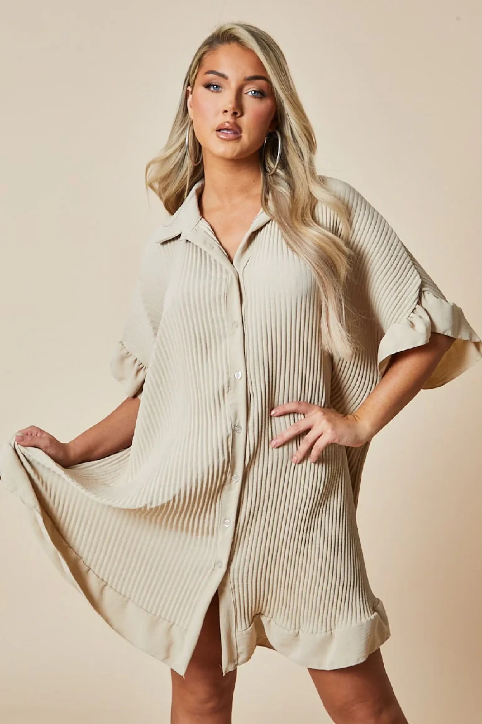 Rebellious Fashion Beige Plisse Detail Frill Hem Oversized Dress - Sakura