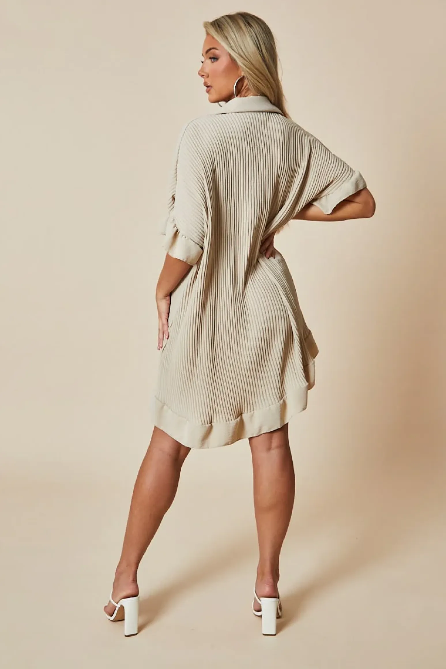 Rebellious Fashion Beige Plisse Detail Frill Hem Oversized Dress - Sakura