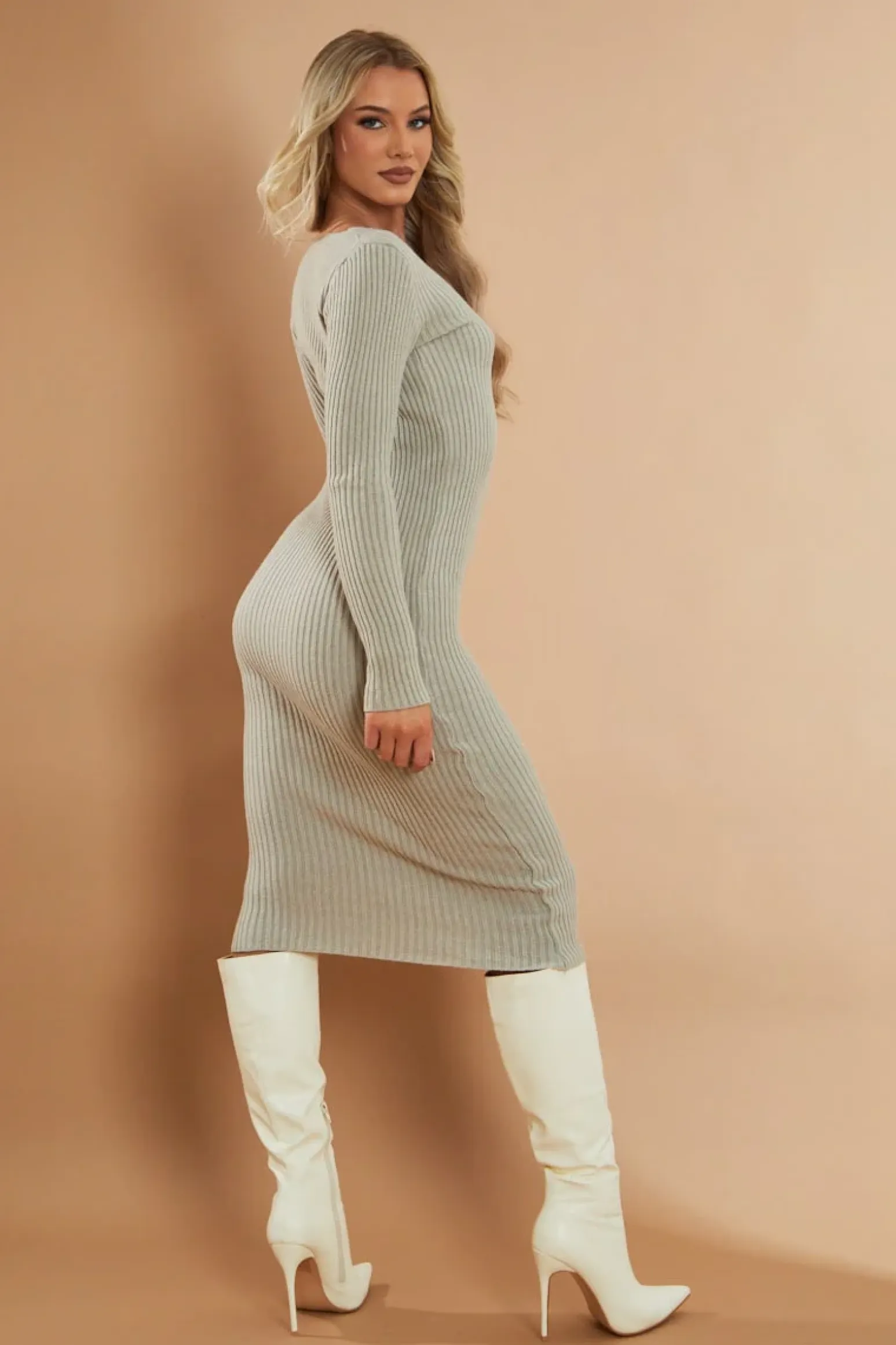 Rebellious Fashion Beige Plunge Neck Rib Knit Midi Dress - Freya