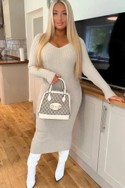 Rebellious Fashion Beige Plunge Neck Rib Knit Midi Dress - Freya