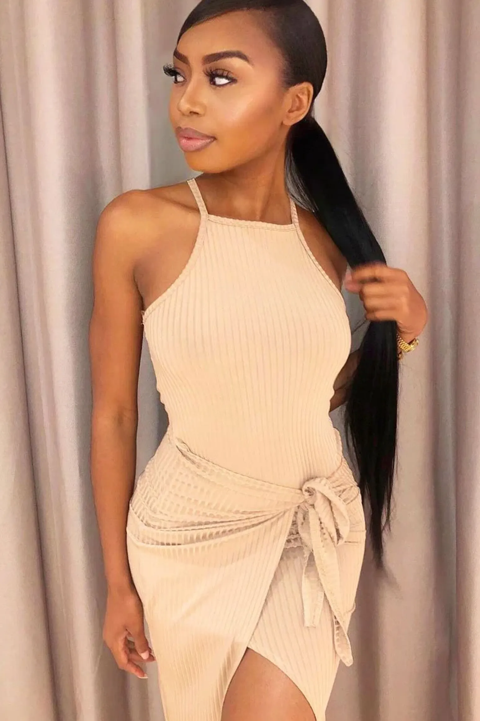 Rebellious Fashion Beige Ribbed Wrap Front Tie Detail Midi Dress - Praise