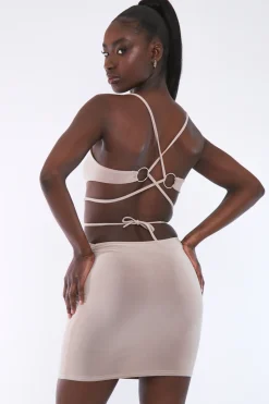 Rebellious Fashion Beige Ring Detail Slinky Mini Dress - Leona