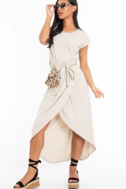 Rebellious Fashion Beige Scoop Neck Belted Wrap Maxi Dress - Allie