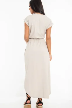 Rebellious Fashion Beige Scoop Neck Belted Wrap Maxi Dress - Allie
