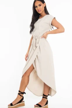 Rebellious Fashion Beige Scoop Neck Belted Wrap Maxi Dress - Allie