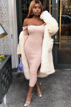 Rebellious Fashion Beige Scoop Neck Rib Knit Midi Dress - Mariana