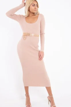 Rebellious Fashion Beige Scoop Neck Rib Knit Midi Dress - Mariana