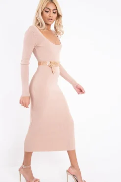 Rebellious Fashion Beige Scoop Neck Rib Knit Midi Dress - Mariana