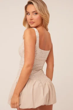 Rebellious Fashion Beige Sequin Sleeveless Puffball Mini Dress - Sydney