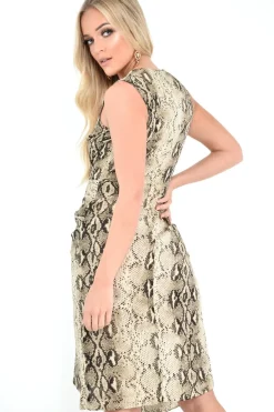 Rebellious Fashion Beige Snake Plunge Split Midi Dress - Jamilah