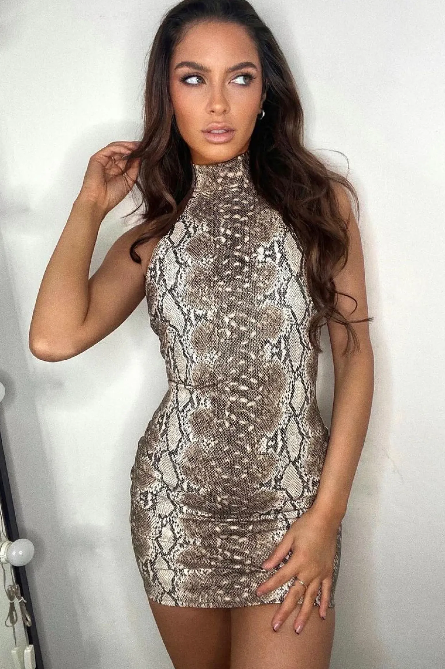 Rebellious Fashion Beige Snake Print PU Halter Neck Mini Dress - Cheryl