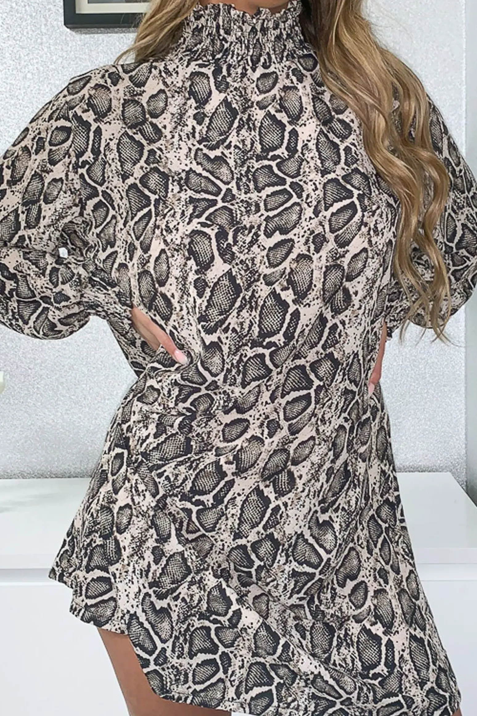 Rebellious Fashion Beige Snake Shirred High Neck Shift Dress - Pamela