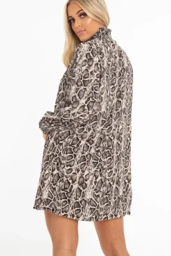 Rebellious Fashion Beige Snake Shirred High Neck Shift Dress - Pamela