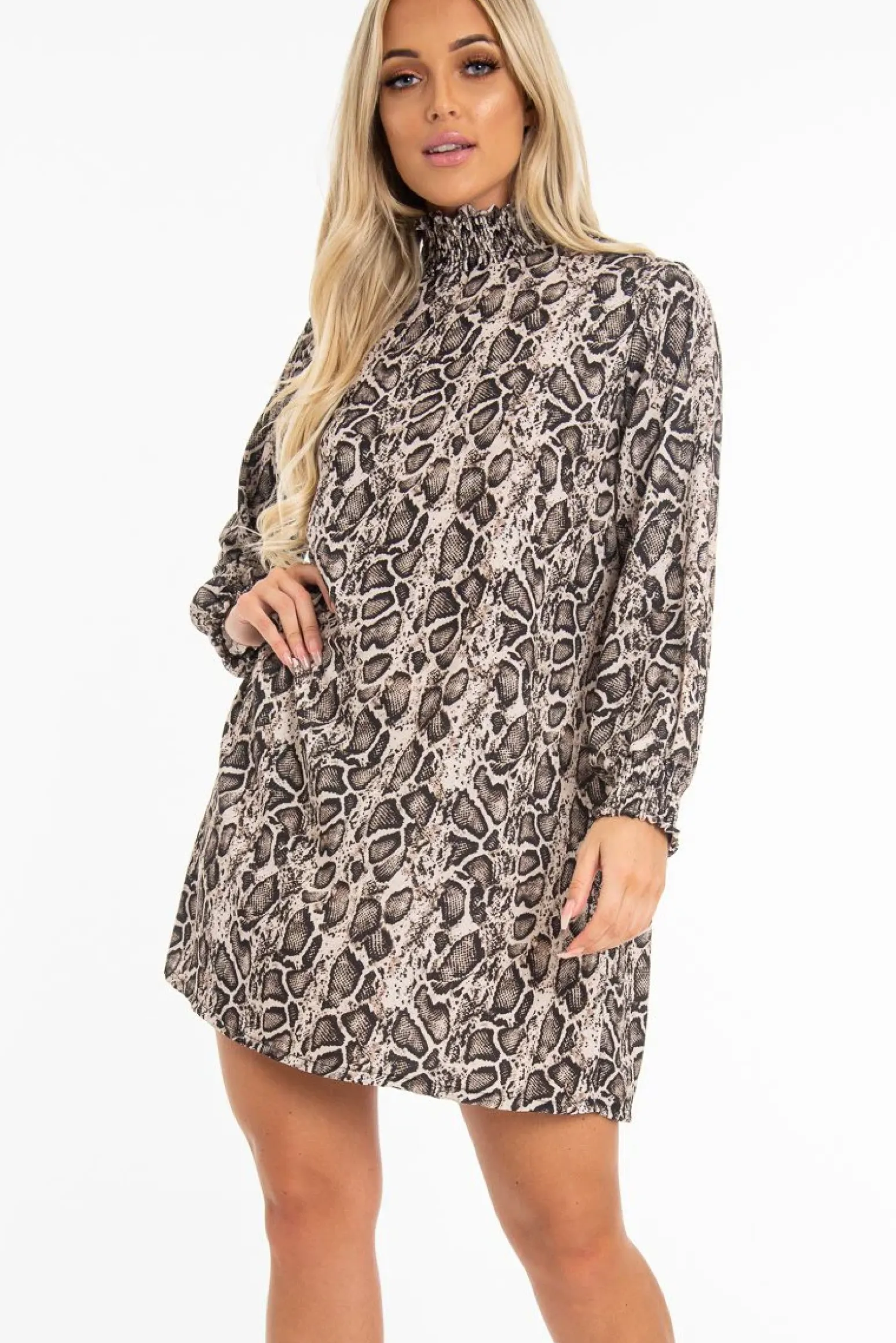 Rebellious Fashion Beige Snake Shirred High Neck Shift Dress - Pamela