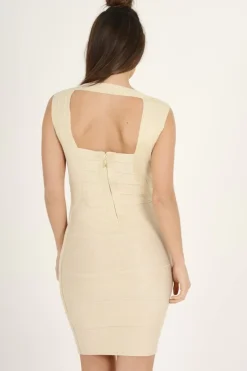 Rebellious Fashion Beige Sparkly Bandage Midi Dress - Libby