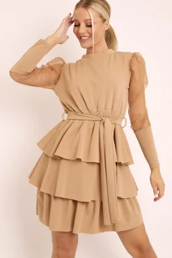 Rebellious Fashion Beige Tiered Skirt Belted Dress - Cassia