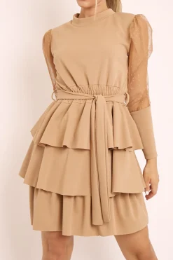 Rebellious Fashion Beige Tiered Skirt Belted Dress - Cassia