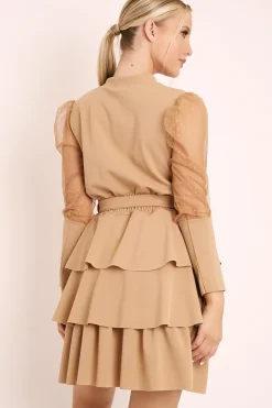 Rebellious Fashion Beige Tiered Skirt Belted Dress - Cassia
