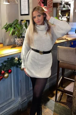 Rebellious Fashion Beige Turtle Neck Knit Jumper Dress - Brooke