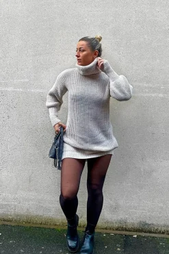 Rebellious Fashion Beige Turtle Neck Knit Jumper Dress - Brooke