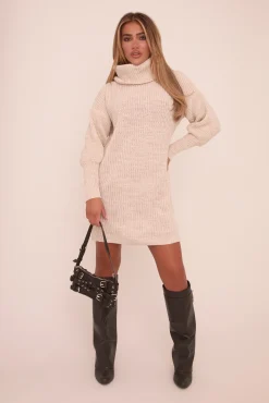 Rebellious Fashion Beige Turtle Neck Knit Jumper Dress - Brooke