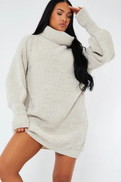 Rebellious Fashion Beige Turtle Neck Knit Jumper Dress - Brooke