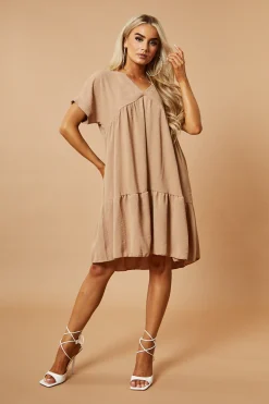 Rebellious Fashion Beige V-Neck Tiered Frill Mini Dress - Kate